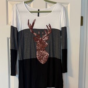 Women's Sequin Deer Long Sleeve Top - Black, Gray, White